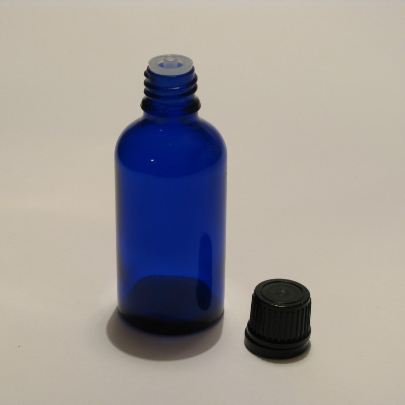 Steklenička Aroma 50 ml modro steklo s črno zaporko (za EO in tinkture)